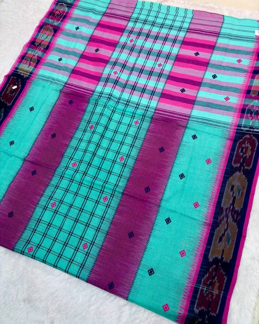 Begumpuri Khadi Cotton Saree with Ikat Bands in Teal with Purple