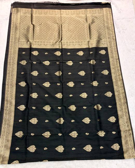 Khaddi Tassar Silk Saree with Banarasi Butas in Black with Gold