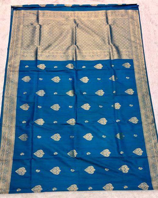Khaddi Tassar Silk Saree with Banarasi Butas in Blue with Gold