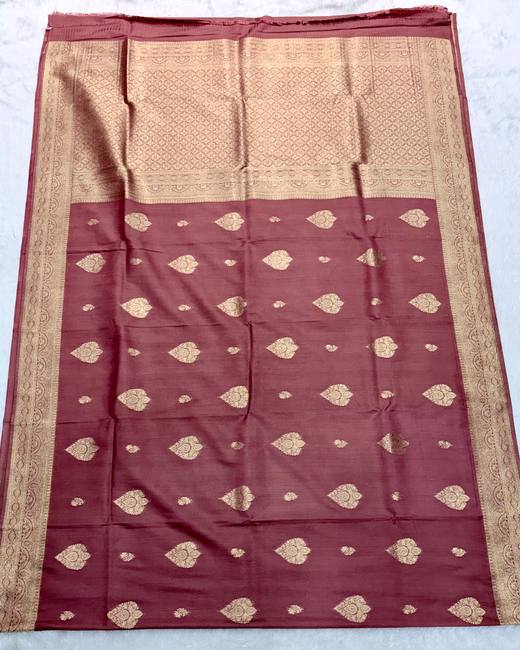 Khaddi Tassar Silk Saree with Banarasi Butas in DustyRose with Gold
