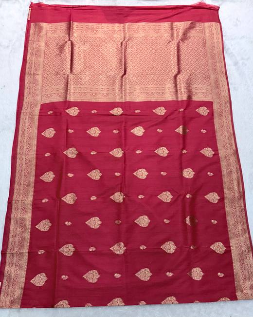 Khaddi Tassar Silk Saree with Banarasi Butas in Maroon with Gold