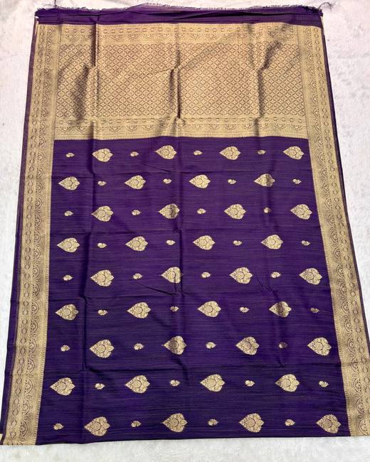 Khaddi Tassar Silk Saree with Banarasi Butas in Purple with Gold