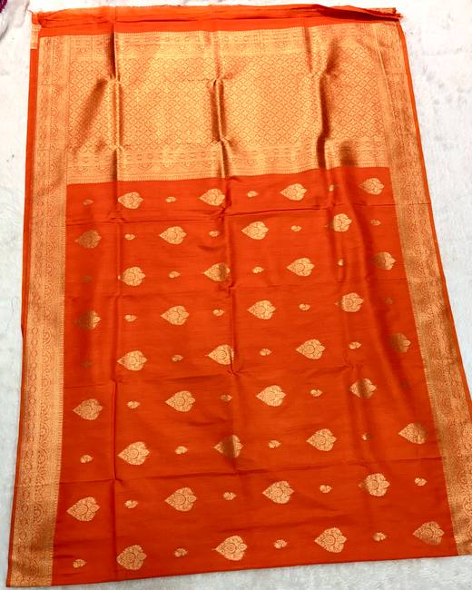 Khaddi Tassar Silk Saree with Banarasi Butas in Rust with Gold