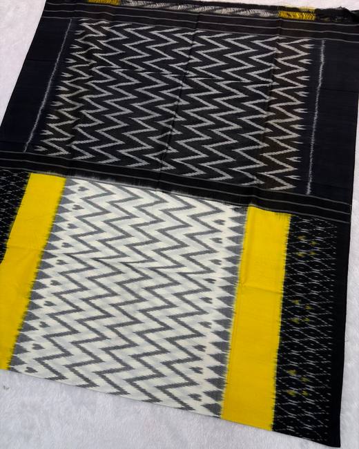 Pochampally Ikkat Handwoven Cotton Saree in Black with Yellow