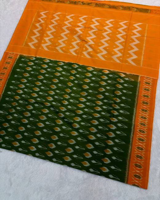 Pochampally Ikkat Handwoven Cotton Saree in BottleGreen with Mustard