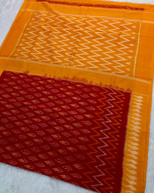 Pochampally Ikkat Handwoven Cotton Saree in Red with Mustard