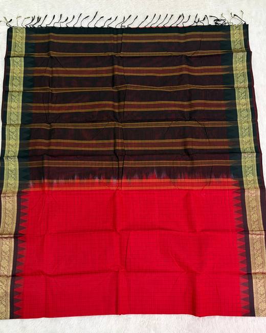 Rajshahi Cotton Saree with Ghatchola Katha Work in Black with Red