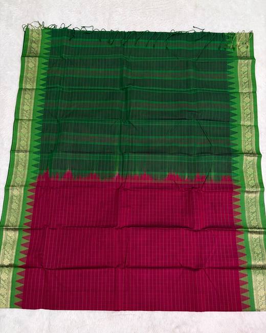 Rajshahi Cotton Saree with Ghatchola Katha Work in Green with Pink