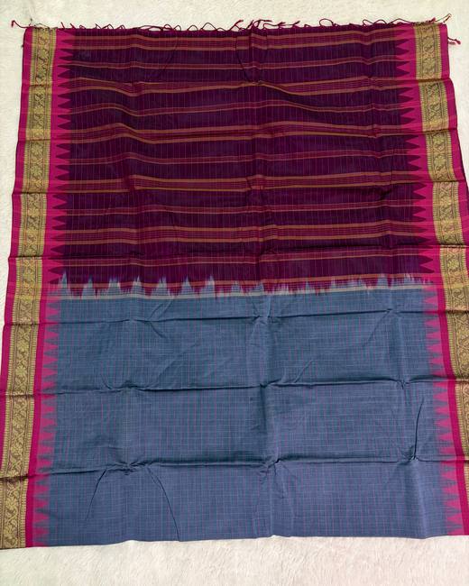 Rajshahi Cotton Saree with Ghatchola Katha Work in Magenta with Grey