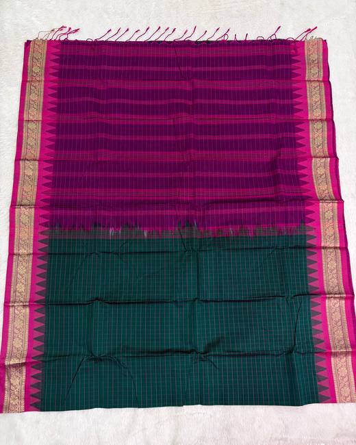 Rajshahi Cotton Saree with Ghatchola Katha Work in Magenta with Teal
