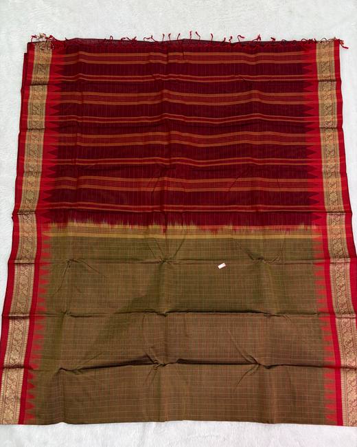 Rajshahi Cotton Saree with Ghatchola Katha Work in Maroon with Brown
