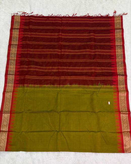 Rajshahi Cotton Saree with Ghatchola Katha Work in Maroon with Olive