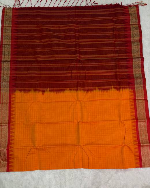 Rajshahi Cotton Saree with Ghatchola Katha Work in Maroon with Orange