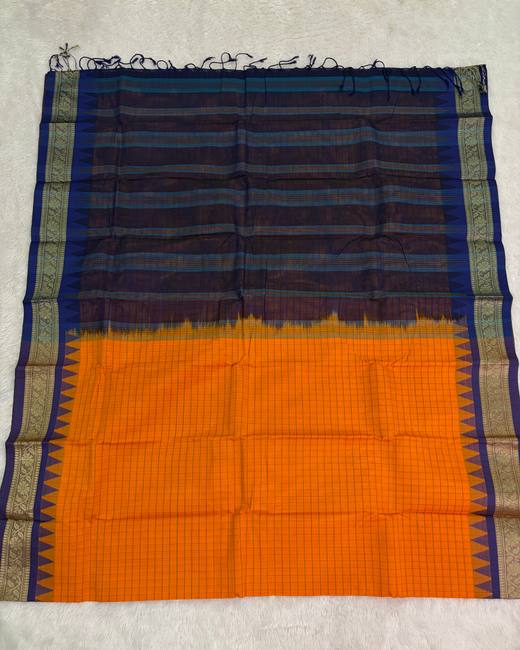 Rajshahi Cotton Saree with Ghatchola Katha Work in Navy with Orange