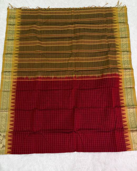 Rajshahi Cotton Saree with Ghatchola Katha Work in Olive with Maroon