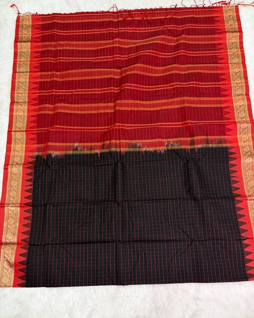 Rajshahi Cotton Saree with Ghatchola Katha Work in Red with Black