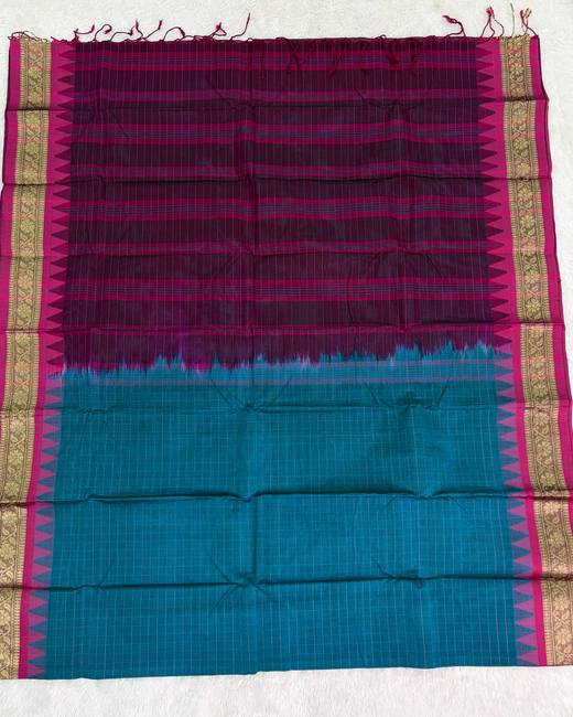 Rajshahi Cotton Saree with Ghatchola Katha Work in Wine with Teal