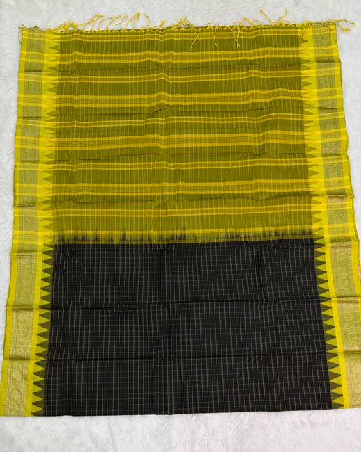 Rajshahi Cotton Saree with Ghatchola Katha Work in Yellow with Black