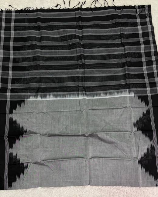 Rajshahi Cotton Saree with Ikkat Temple Border in Black with Grey