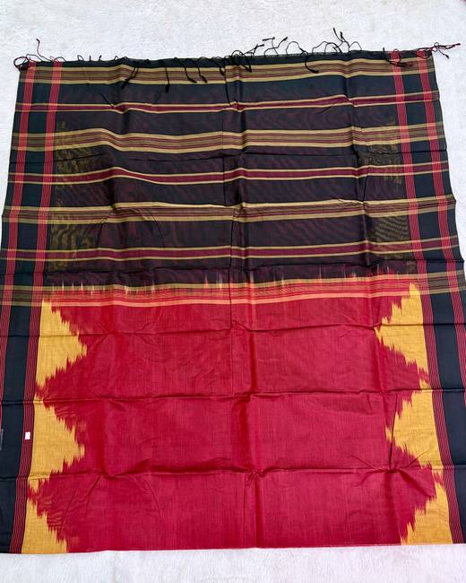 Rajshahi Cotton Saree with Ikkat Temple Border in Black with Red