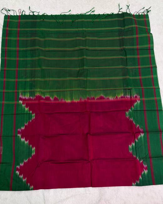Rajshahi Cotton Saree with Ikkat Temple Border in Green with Maroon