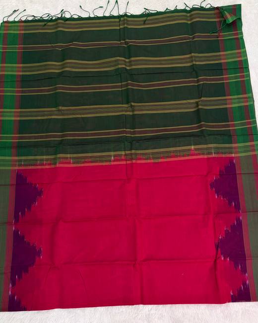 Rajshahi Cotton Saree with Ikkat Temple Border in Green with Pink