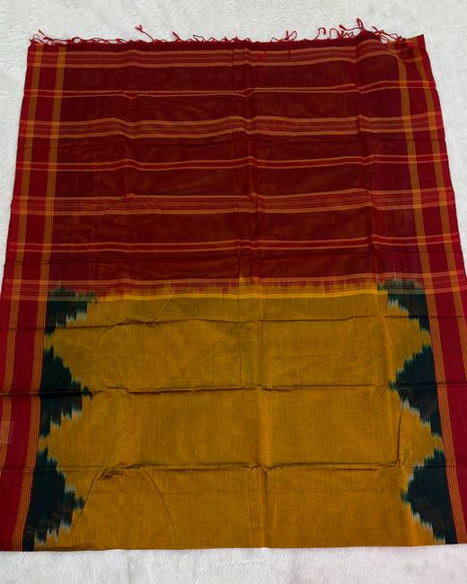 Rajshahi Cotton Saree with Ikkat Temple Border in Maroon with Mustard
