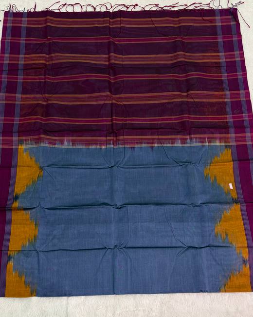 Rajshahi Cotton Saree with Ikkat Temple Border in Purple with Blue