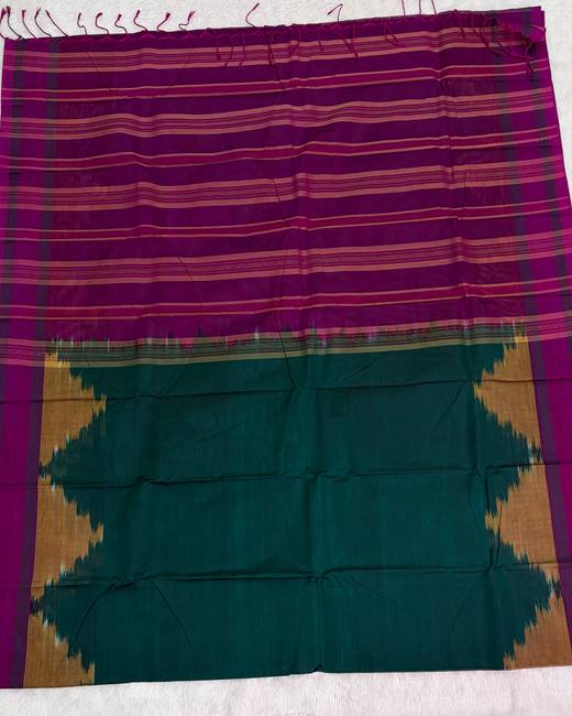 Rajshahi Cotton Saree with Ikkat Temple Border in Purple with Teal