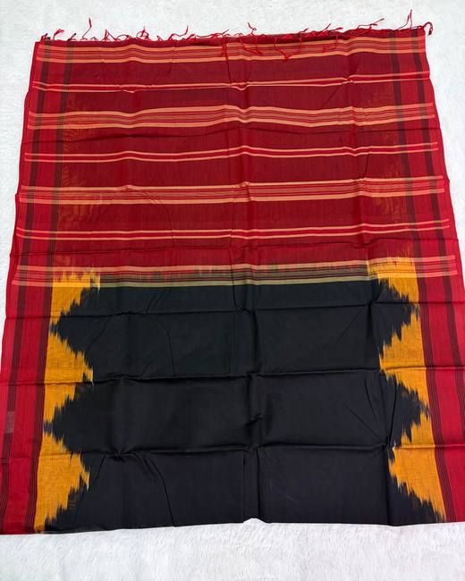 Rajshahi Cotton Saree with Ikkat Temple Border in Red with Black