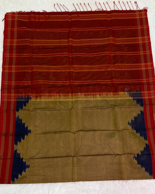 Rajshahi Cotton Saree with Ikkat Temple Border in Rust with Olive