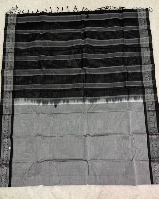 Rajshahi Cotton Saree with Gadwal Jacquard Border in Black with Grey