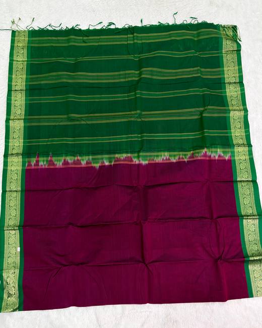 Rajshahi Cotton Saree with Gadwal Jacquard Border in Green with Wine