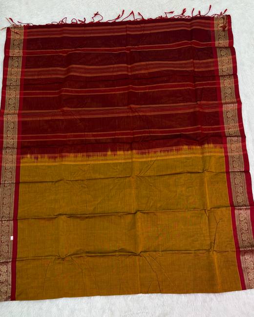 Rajshahi Cotton Saree with Gadwal Jacquard Border in Maroon with Mustard