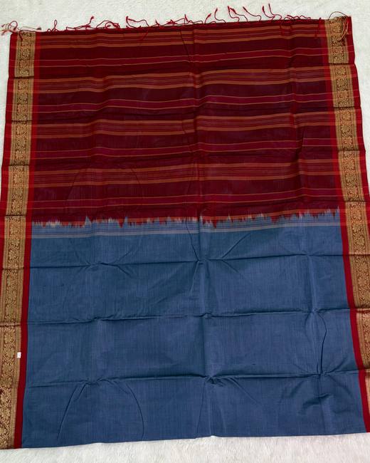 Rajshahi Cotton Saree with Gadwal Jacquard Border in Maroon with SteelBlue