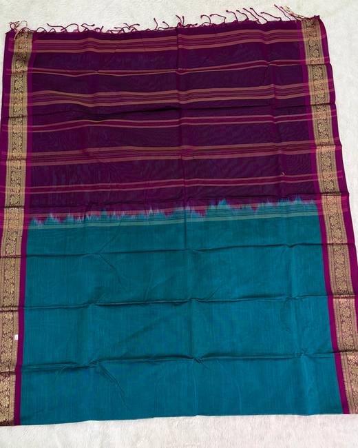 Rajshahi Cotton Saree with Gadwal Jacquard Border in Purple with Teal
