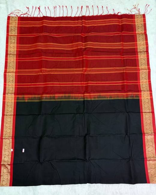 Rajshahi Cotton Saree with Gadwal Jacquard Border in Red with Black
