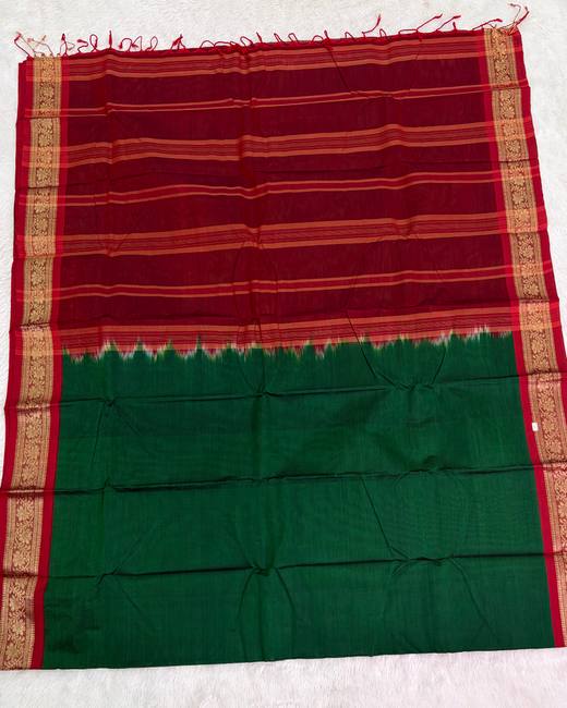 Rajshahi Cotton Saree with Gadwal Jacquard Border in Red with Green
