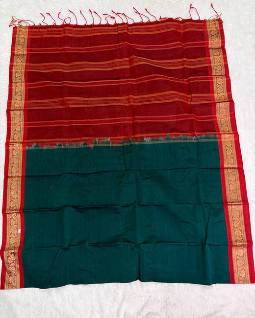 Rajshahi Cotton Saree with Gadwal Jacquard Border in Red with Teal