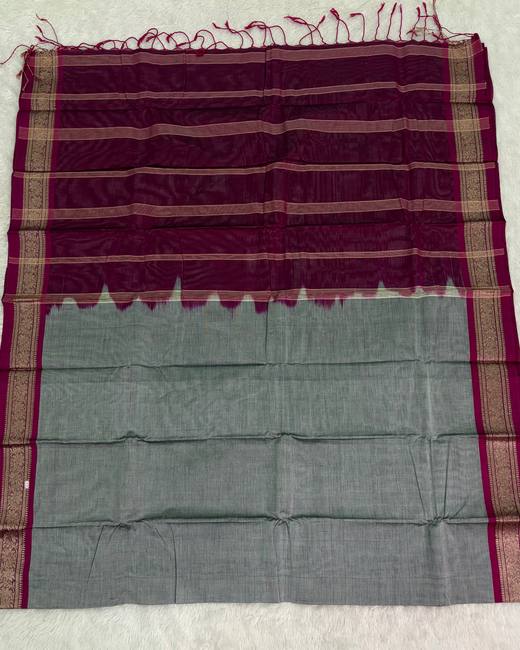 Rajshahi Cotton Saree with Gadwal Jacquard Border in Wine with Grey