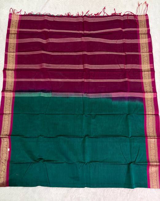 Rajshahi Cotton Saree with Gadwal Jacquard Border in Wine with Teal