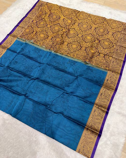 Tanchoi Work Cotton Saree with Jacquard Border in Gold with Blue