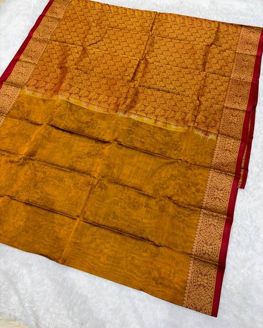 Tanchoi Work Cotton Saree with Jacquard Border in Gold with Mustard