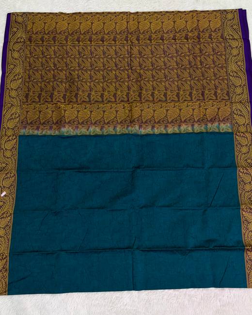Tanchoi Work Cotton Saree with Jacquard Border in Gold with Teal