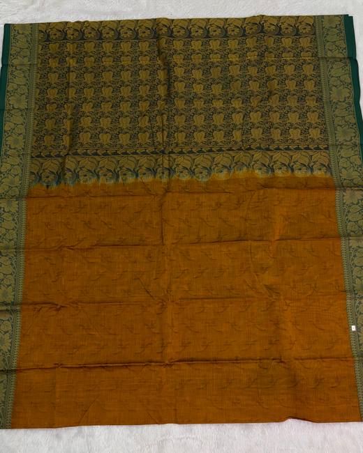 Tanchoi Work Cotton Saree with Jacquard Border in Green with Mustard