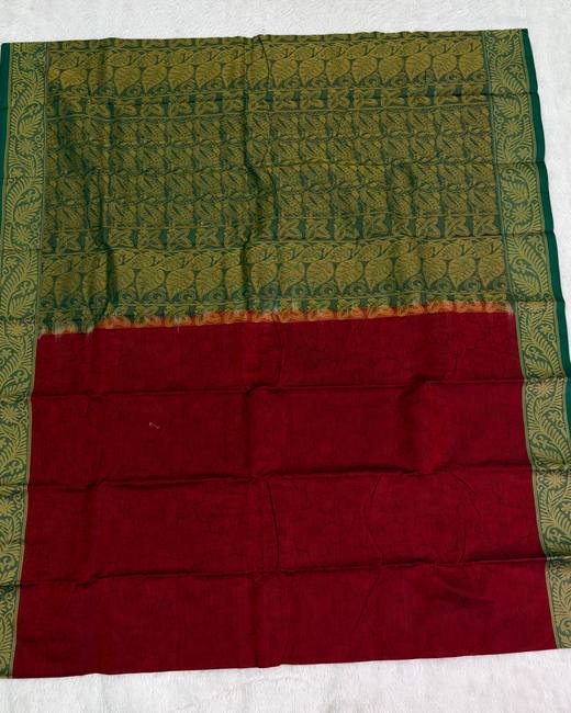 Tanchoi Work Cotton Saree with Jacquard Border in Green with Red