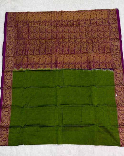 Tanchoi Work Cotton Saree with Jacquard Border in Maroon with Green