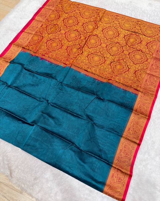 Tanchoi Work Cotton Saree with Jacquard Border in Orange with Blue