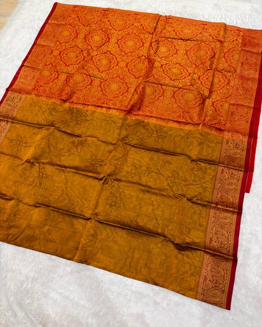 Tanchoi Work Cotton Saree with Jacquard Border in Orange with Mustard