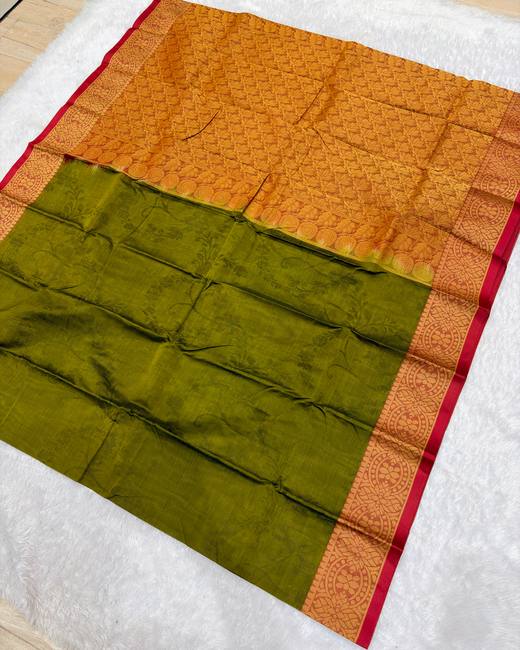 Tanchoi Work Cotton Saree with Jacquard Border in Orange with Olive